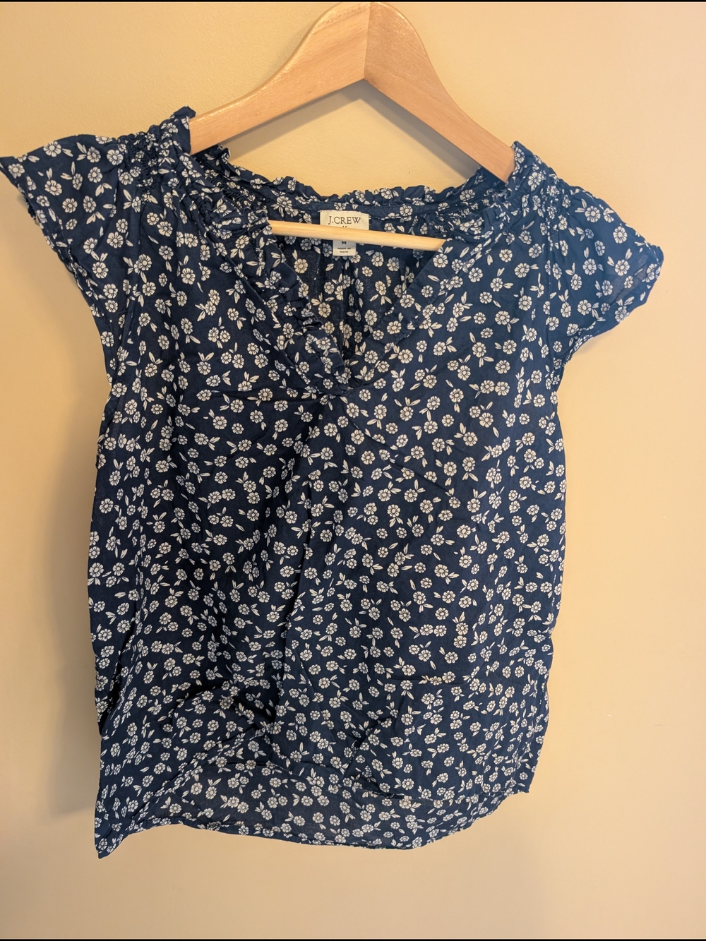 J. Crew Navy Floral Ruffle V-Neck Cap Sleeve Top